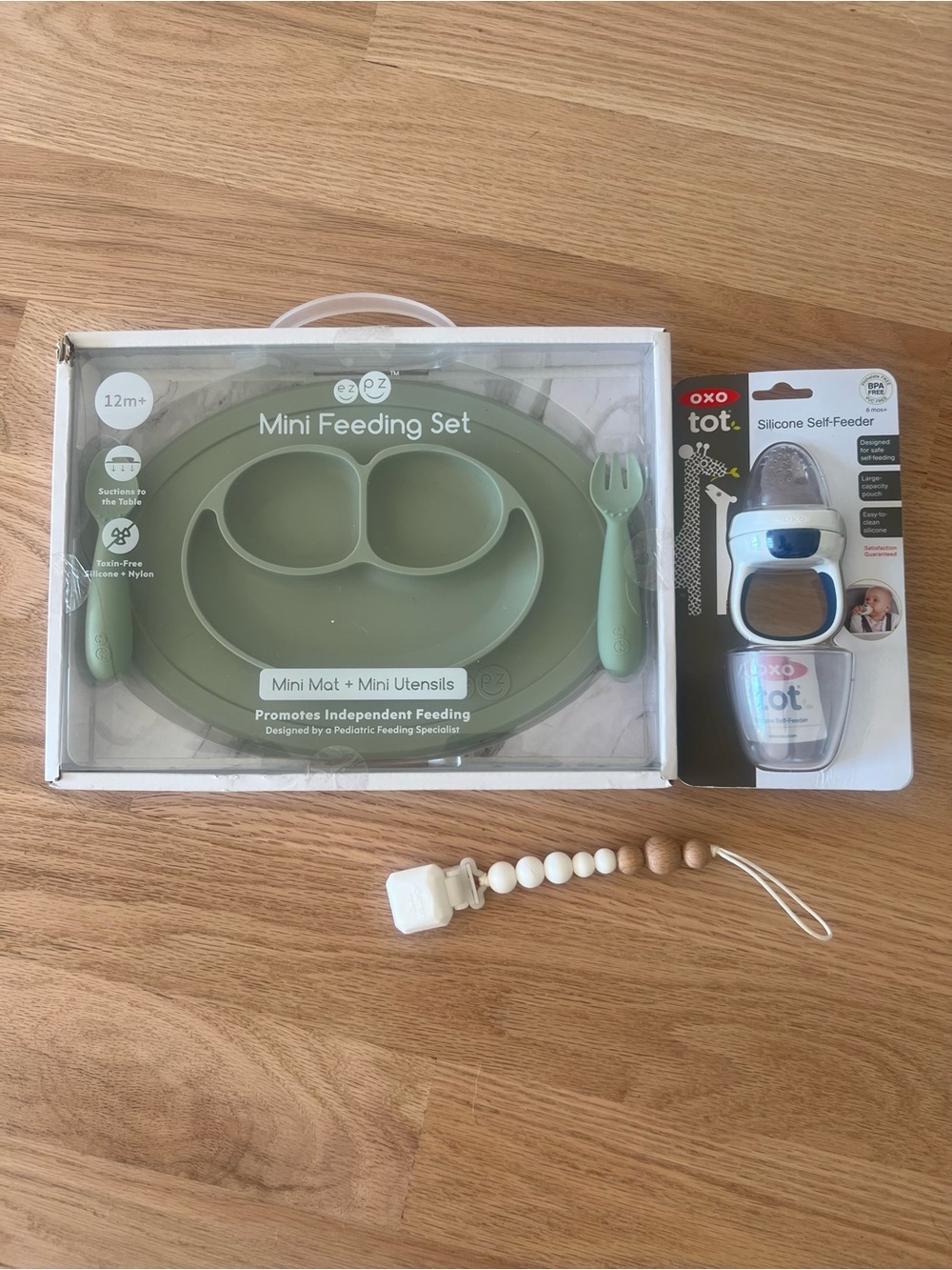 EZPZ Olive Mini Feeding Set with Mini Utensils and OXO Tot Silicone Self-Feeder